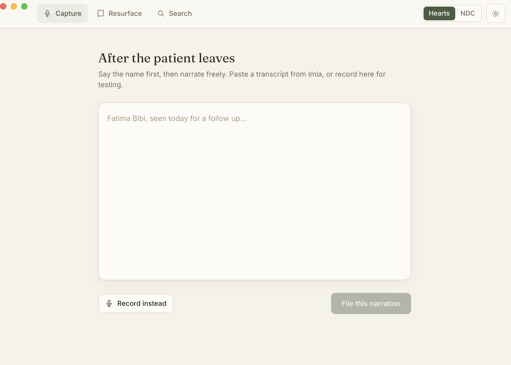 Bayaz capture screen — narrating a story about a patient before it's resolved and filed